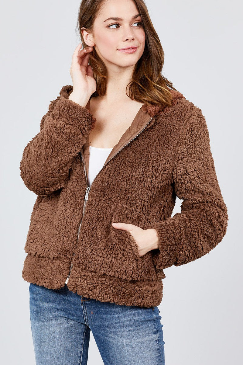 Hoodie Side Pocket Faux Fur Zip-up Jacket