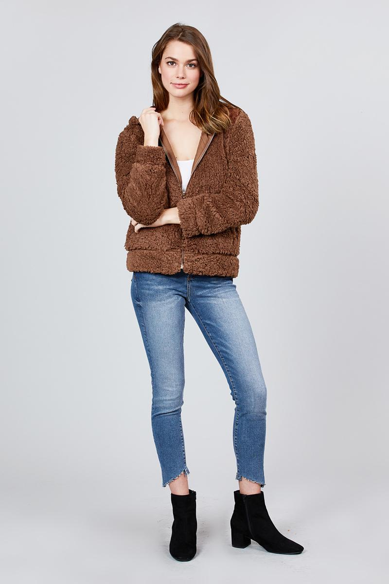 Hoodie Side Pocket Faux Fur Zip-up Jacket