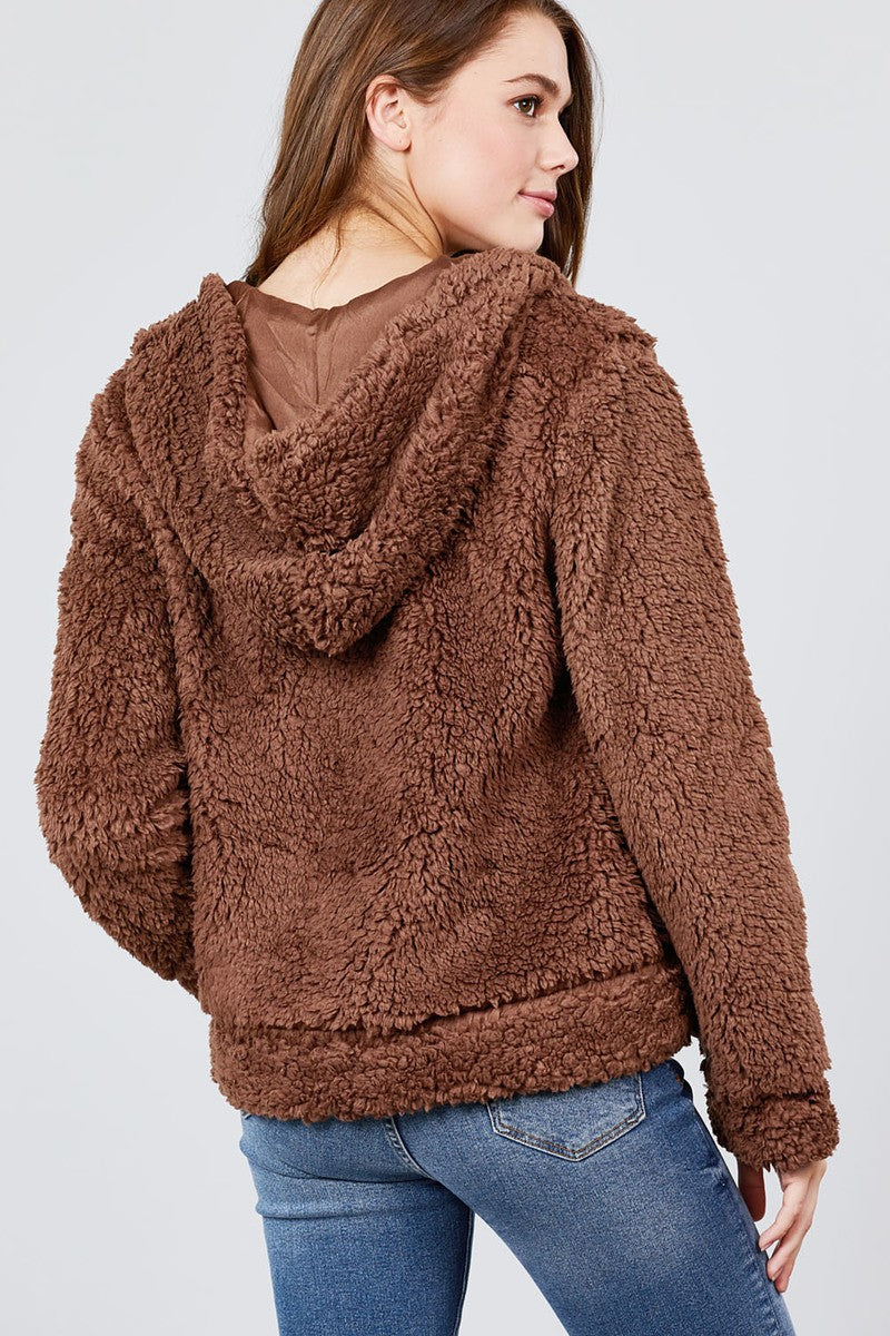 Hoodie Side Pocket Faux Fur Zip-up Jacket