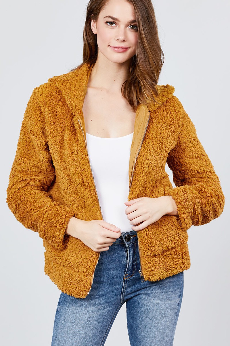Hoodie Side Pocket Faux Fur Zip-up Jacket