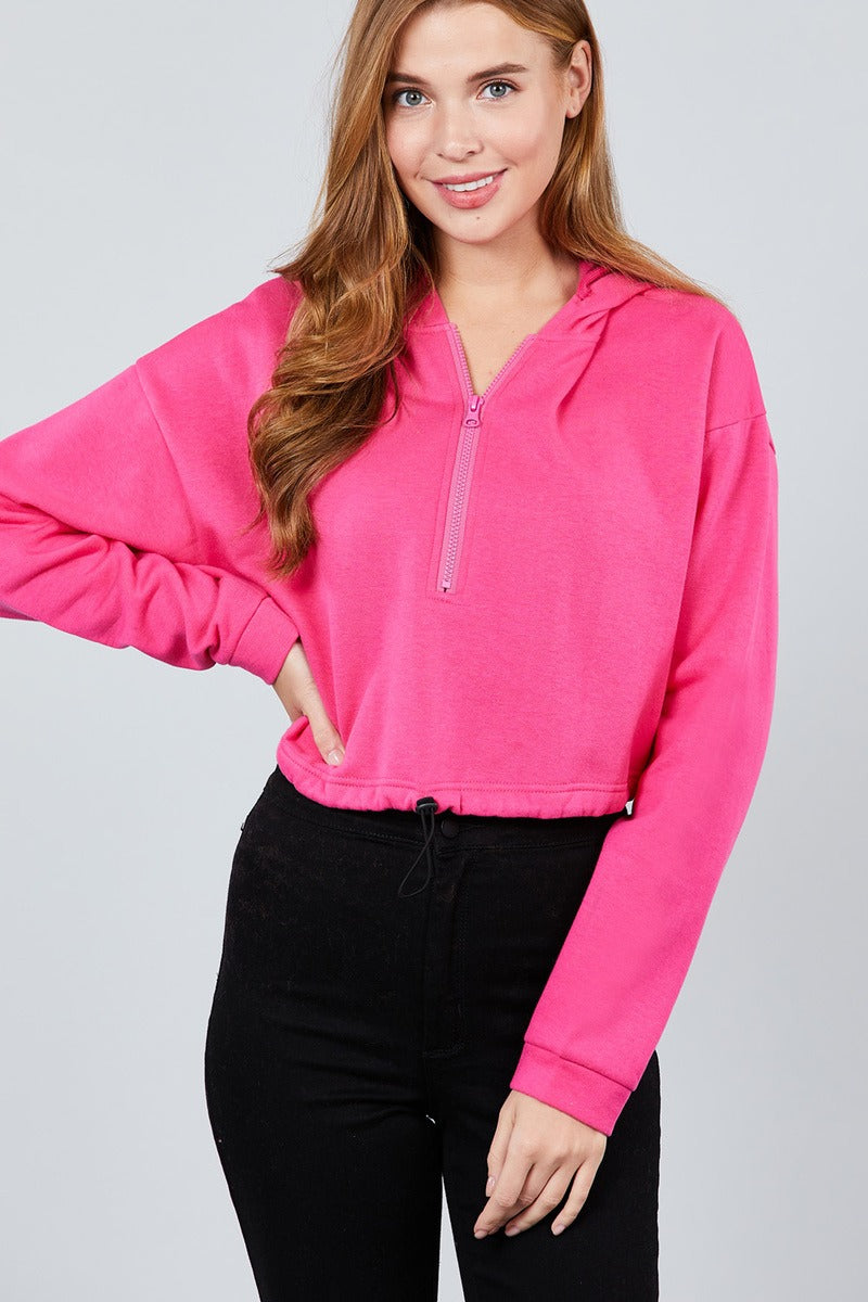 Long Sleeve Zip Up Hoodie Inner Fleece Toggle Elastic Hem Crop Top
