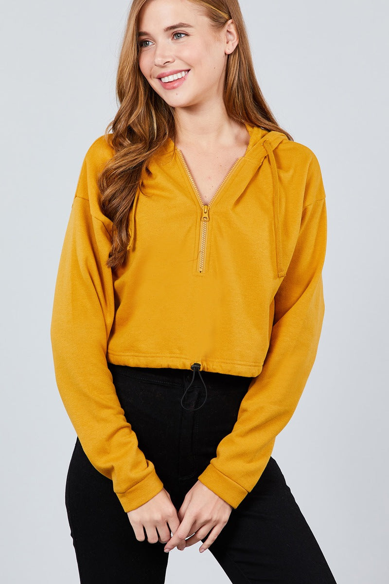 Long Sleeve Zip Up Hoodie Inner Fleece Toggle Elastic Hem Crop Top