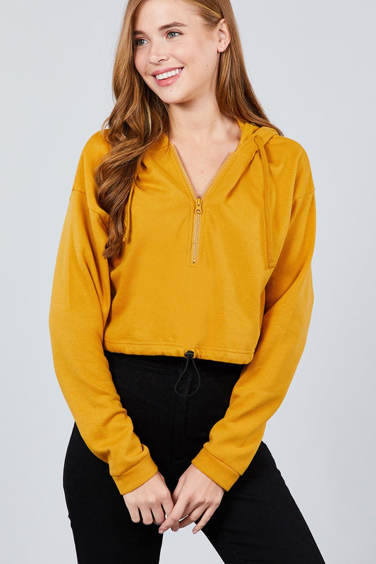 Long Sleeve Zip Up Hoodie Inner Fleece Toggle Elastic Hem Crop Top