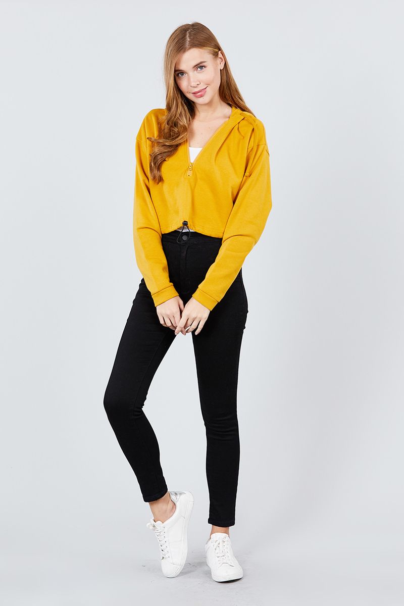 Long Sleeve Zip Up Hoodie Inner Fleece Toggle Elastic Hem Crop Top