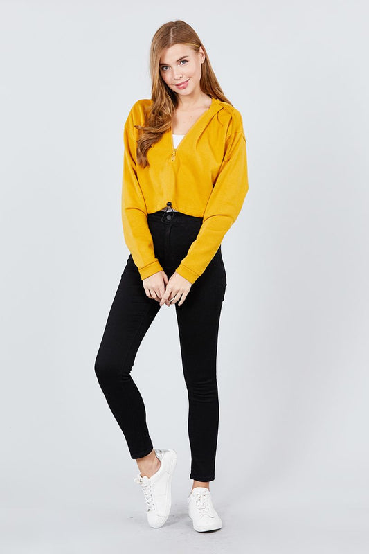 Long Sleeve Zip Up Hoodie Inner Fleece Toggle Elastic Hem Crop Top