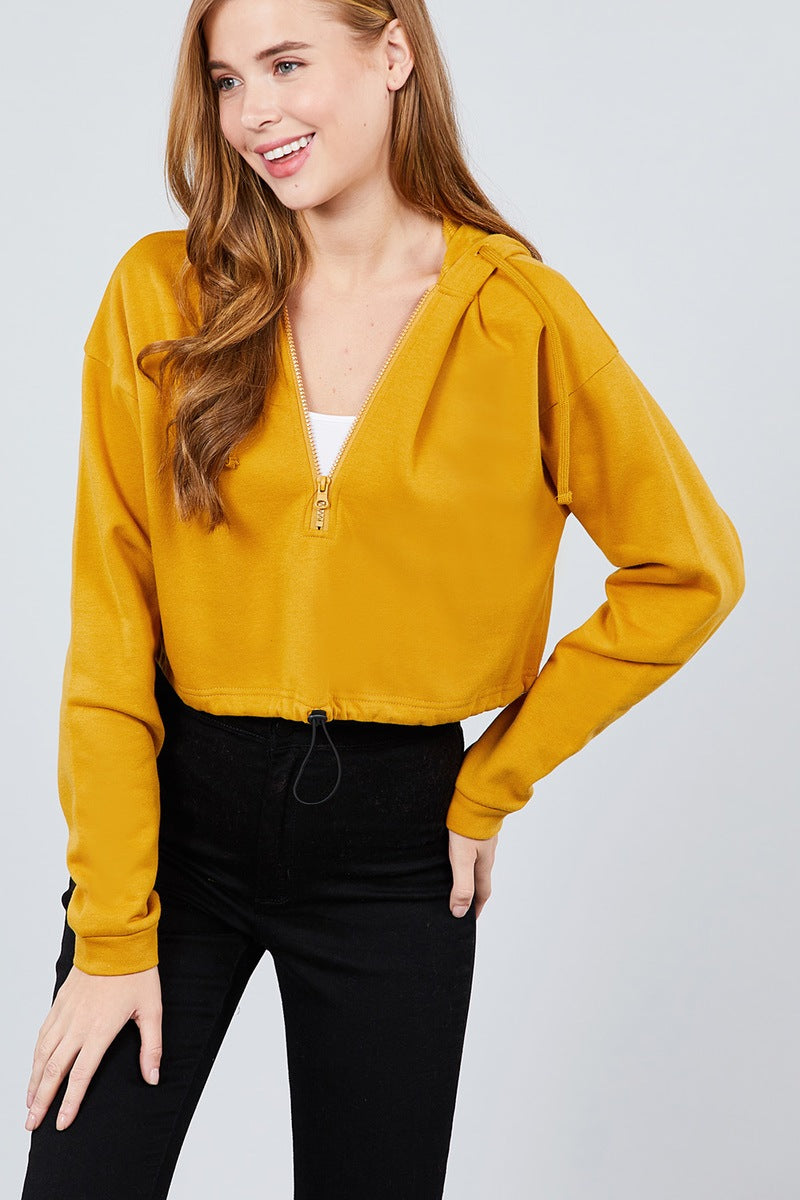 Long Sleeve Zip Up Hoodie Inner Fleece Toggle Elastic Hem Crop Top