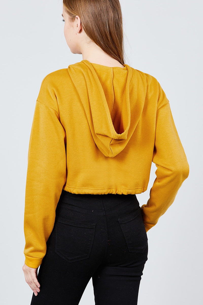 Long Sleeve Zip Up Hoodie Inner Fleece Toggle Elastic Hem Crop Top