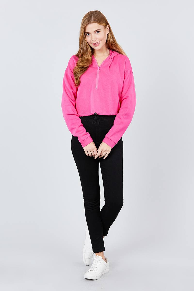 Long Sleeve Zip Up Hoodie Inner Fleece Toggle Elastic Hem Crop Top