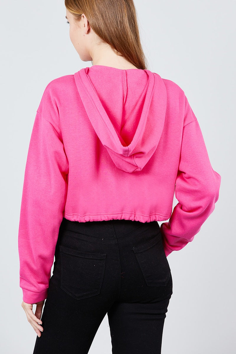 Long Sleeve Zip Up Hoodie Inner Fleece Toggle Elastic Hem Crop Top