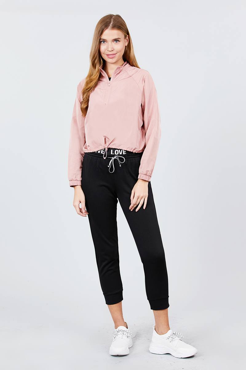 Long Raglan Sleeve Mock Neck Toggle Elastic Hem Wind Breaker Crop To