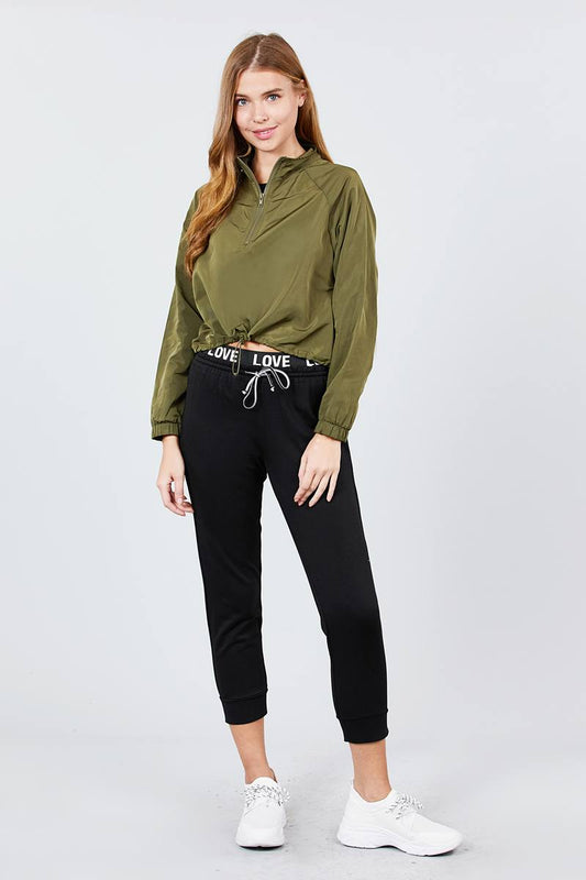 Long Raglan Sleeve Mock Neck Toggle Elastic Hem Wind Breaker Crop To