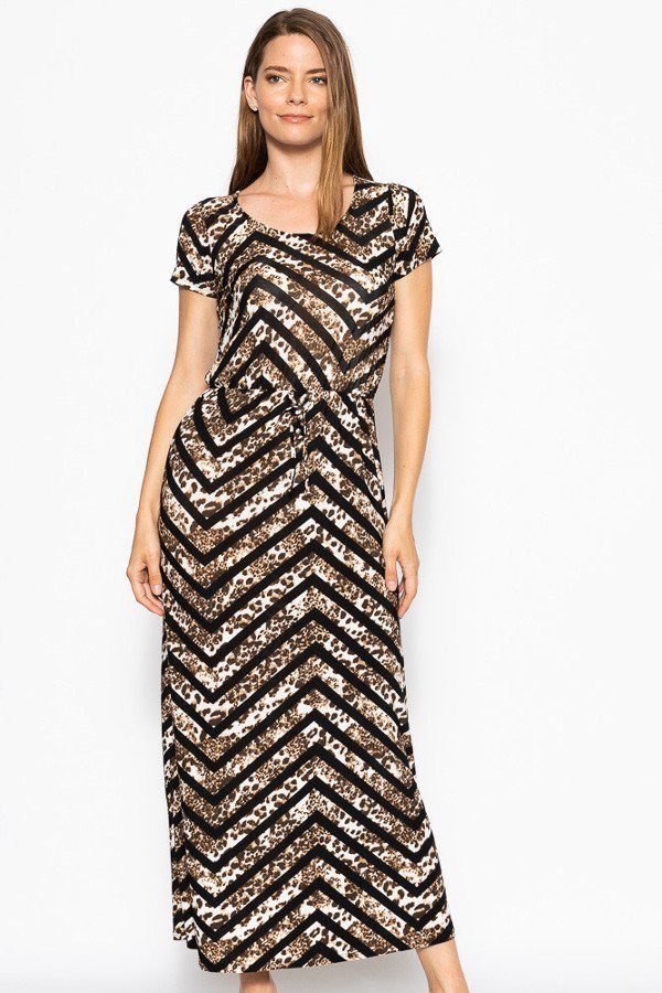 Short Sleeved Decorative Drawstring Bow Tie Maxi Dress