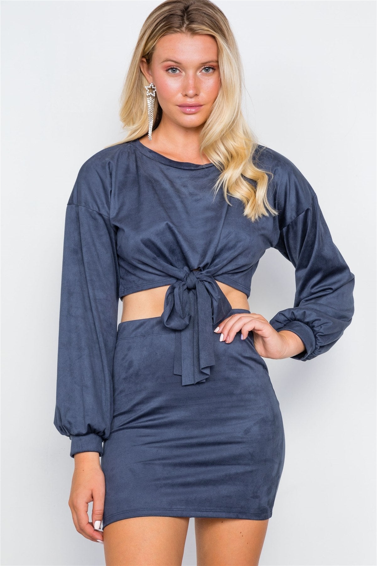 Faux Suede Two Piece Crop Top Mini Skirt Set