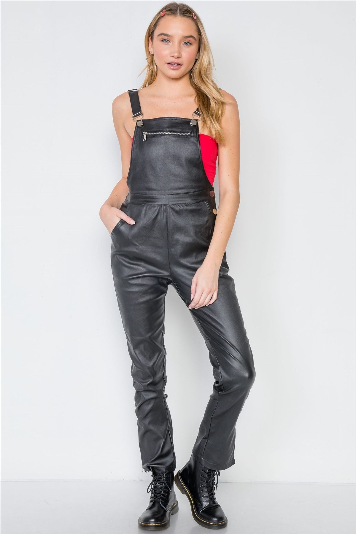 Black Vegan Leather Stretchy Overall Pants