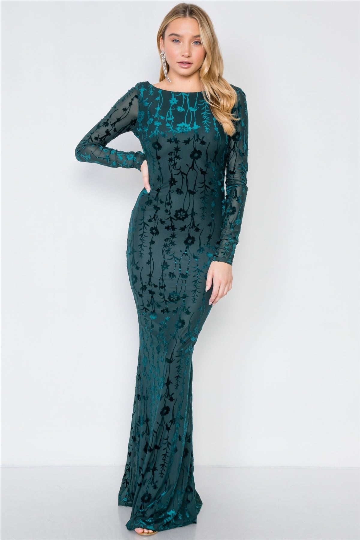 Emerald Green Floral Open Back Evening Maxi Dress