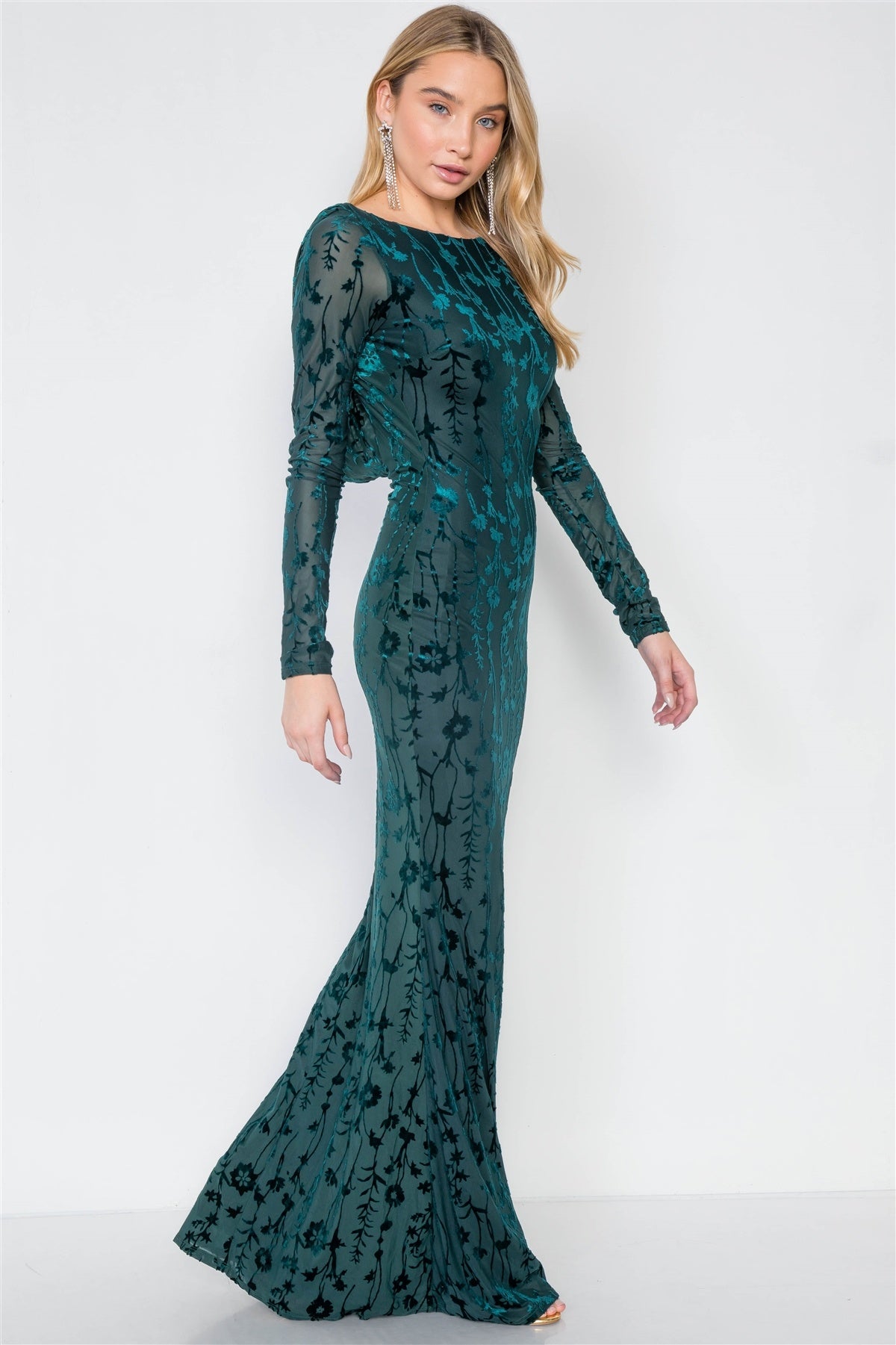Emerald Green Floral Open Back Evening Maxi Dress