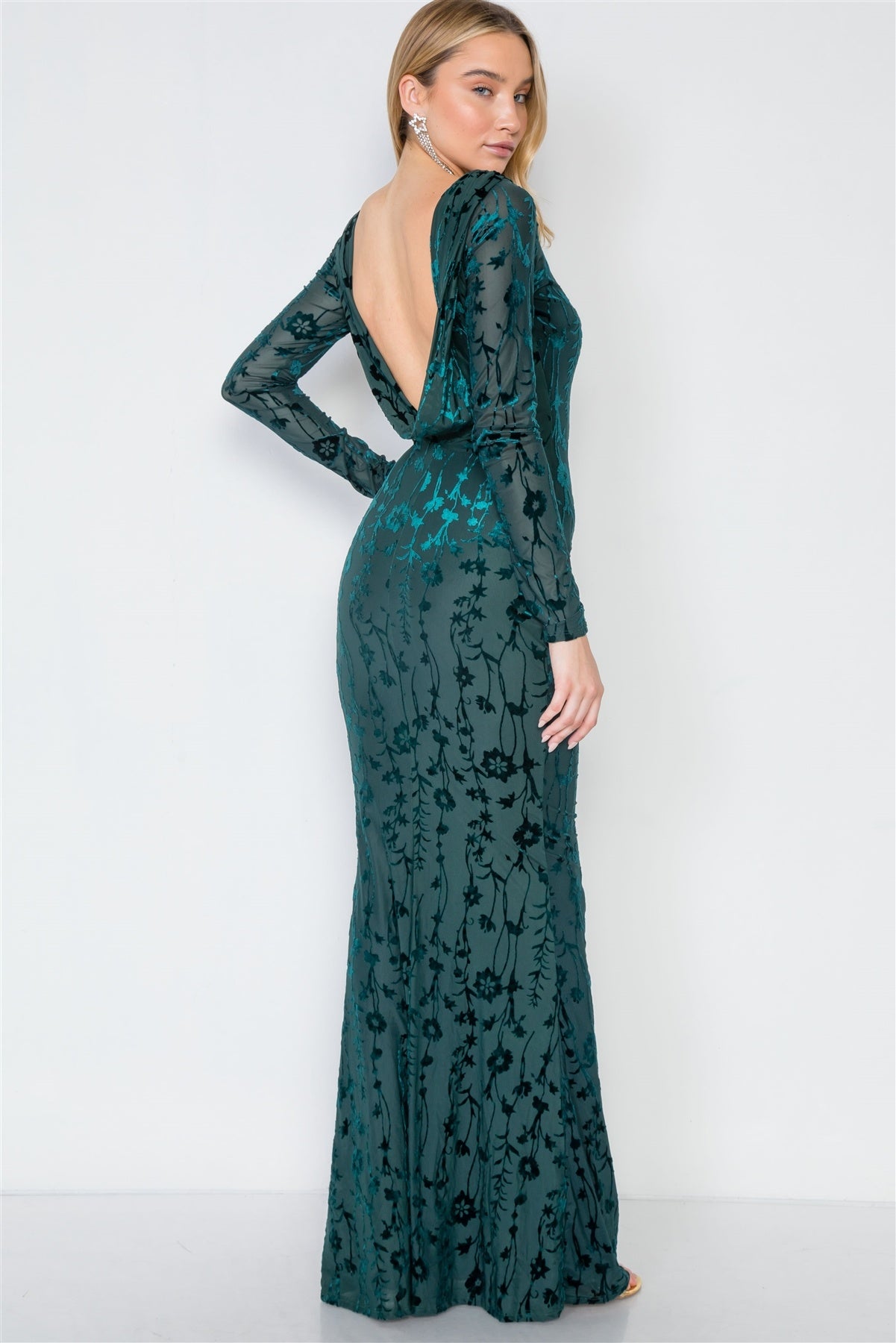 Emerald Green Floral Open Back Evening Maxi Dress