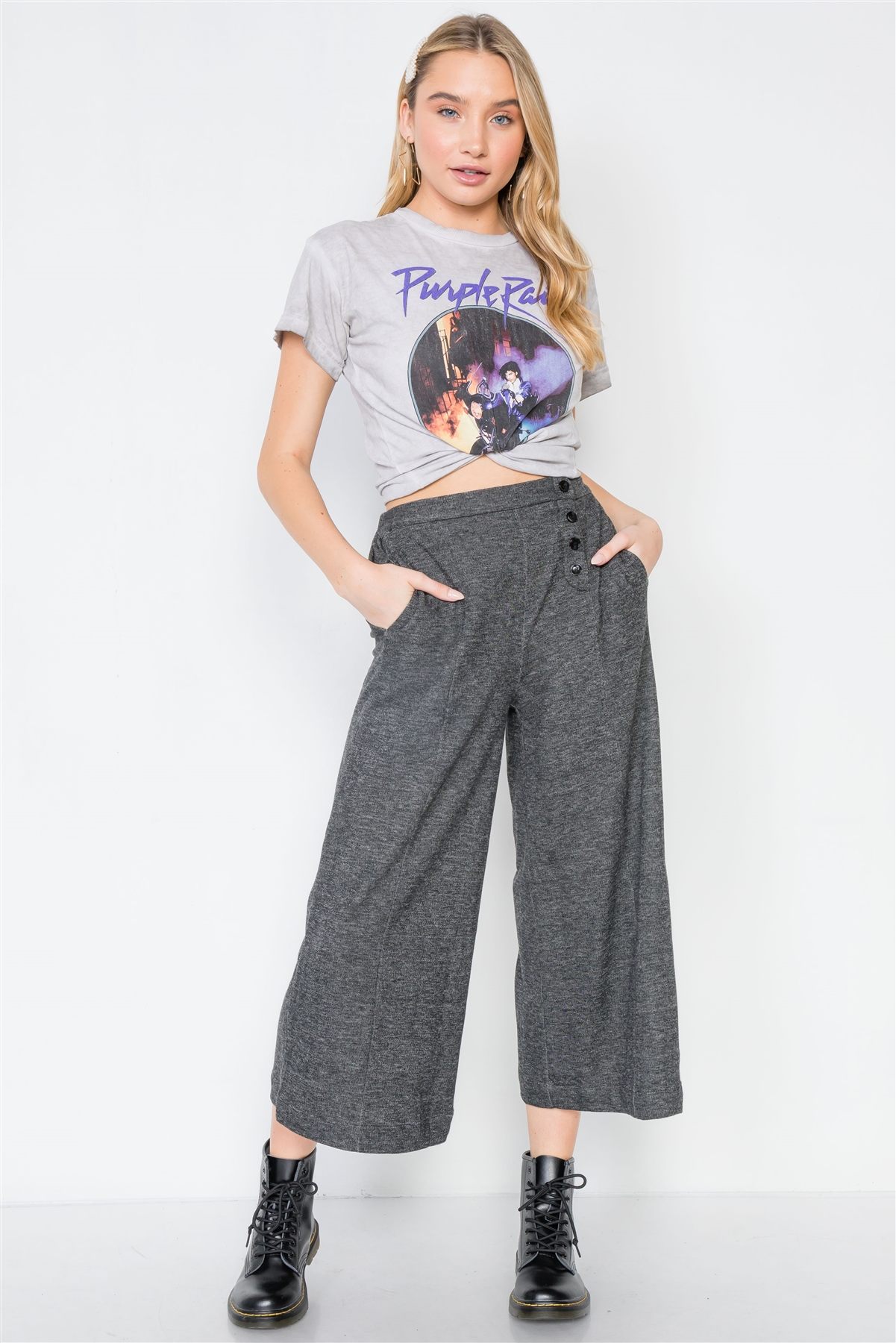 Knit Side Button Wide Leg Ankle Pants