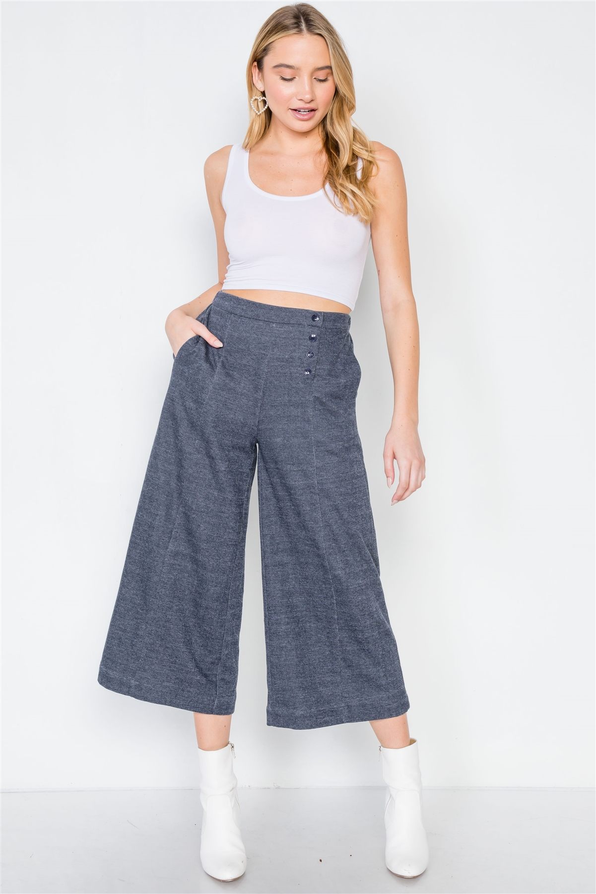 Knit Side Button Wide Leg Ankle Pants
