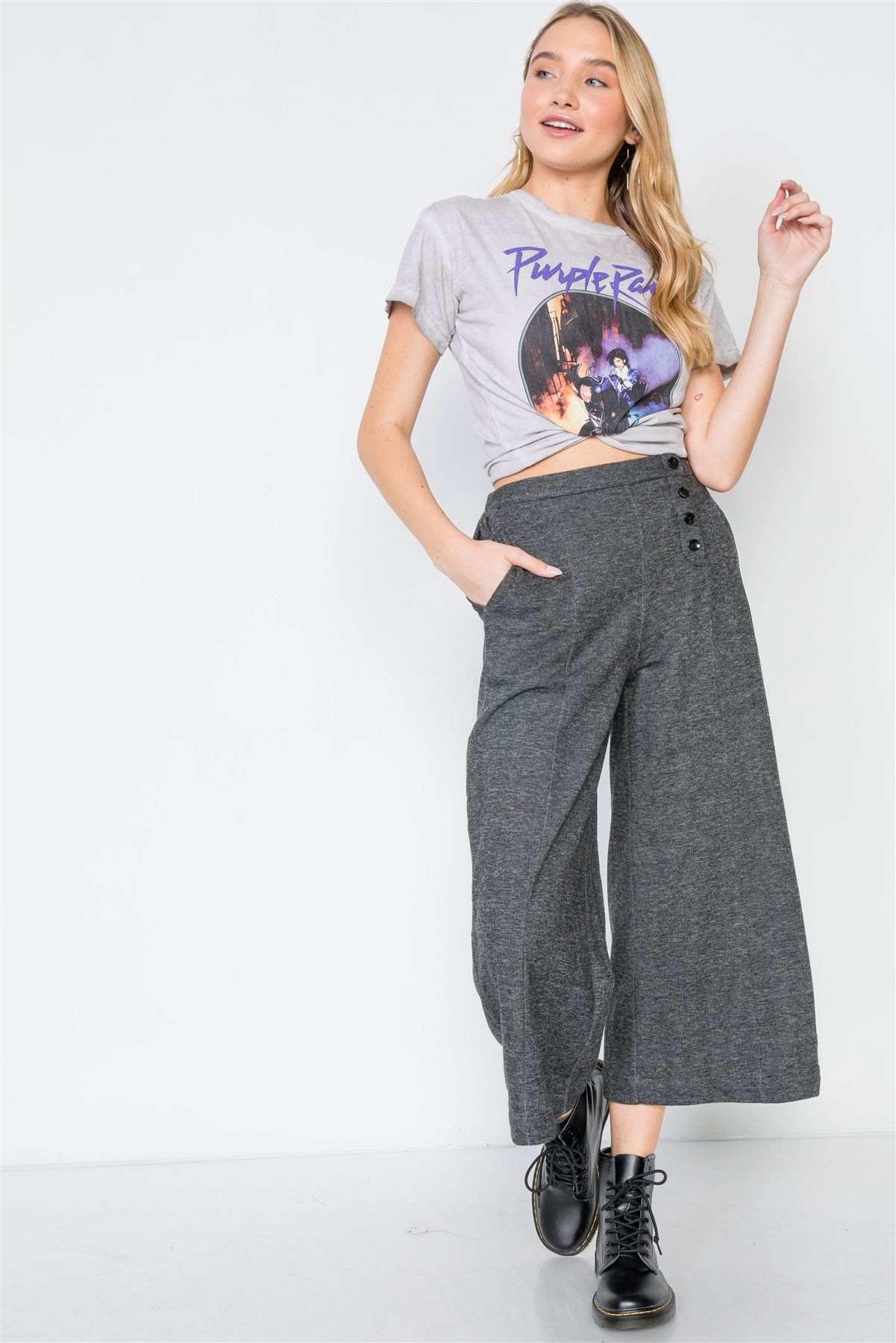 Knit Side Button Wide Leg Ankle Pants