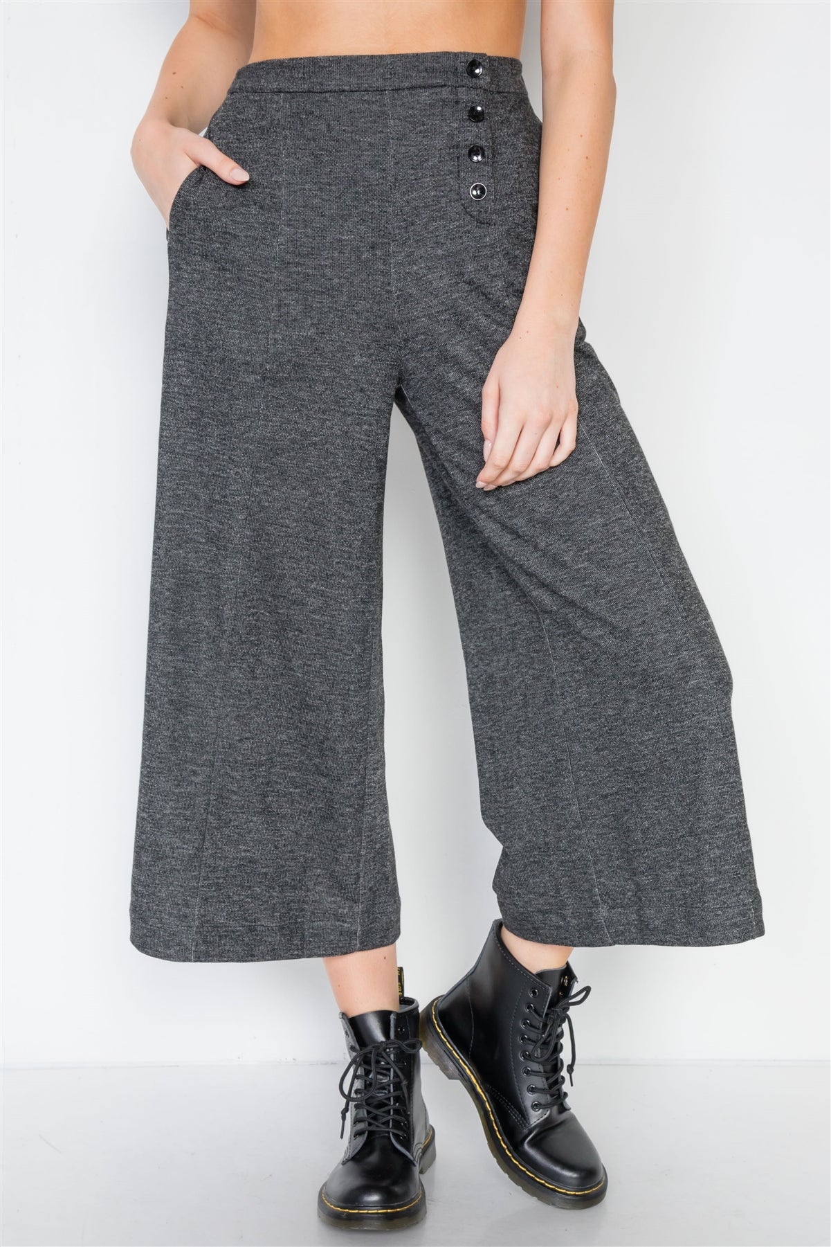 Knit Side Button Wide Leg Ankle Pants