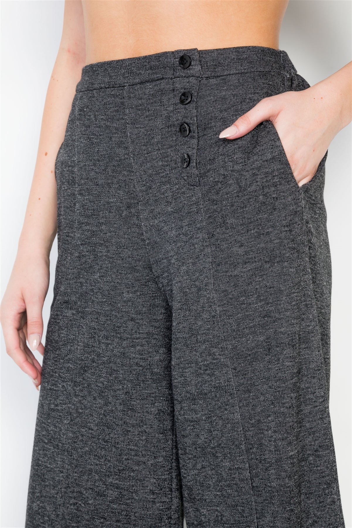 Knit Side Button Wide Leg Ankle Pants