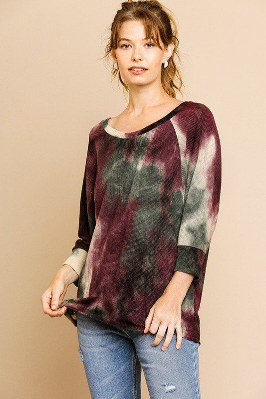 Tye Dye 3/4 Sleeve Waffle Knit Round Neck Top