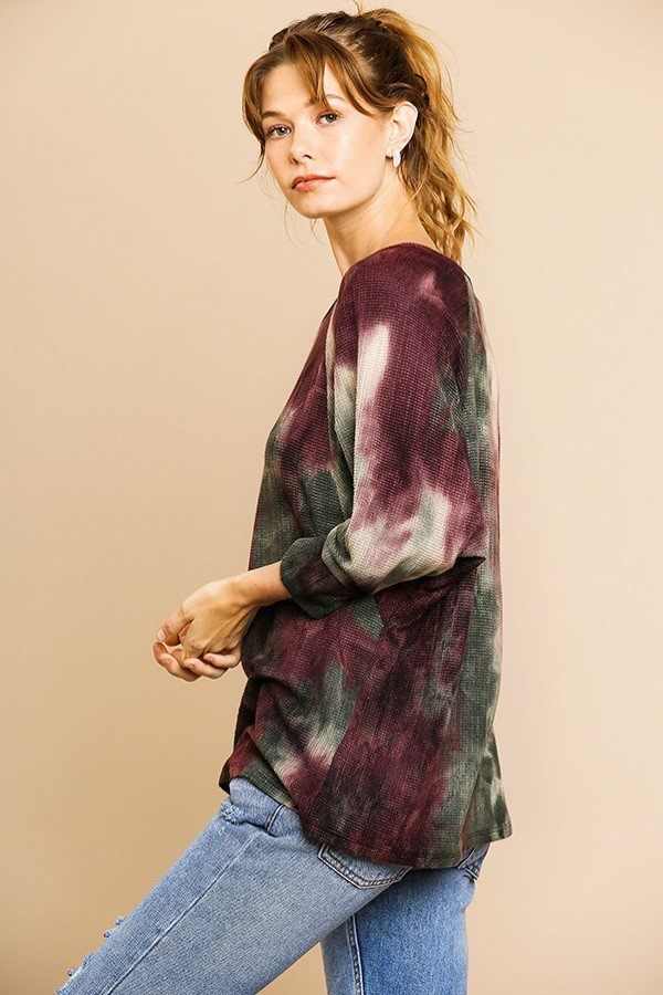 Tye Dye 3/4 Sleeve Waffle Knit Round Neck Top