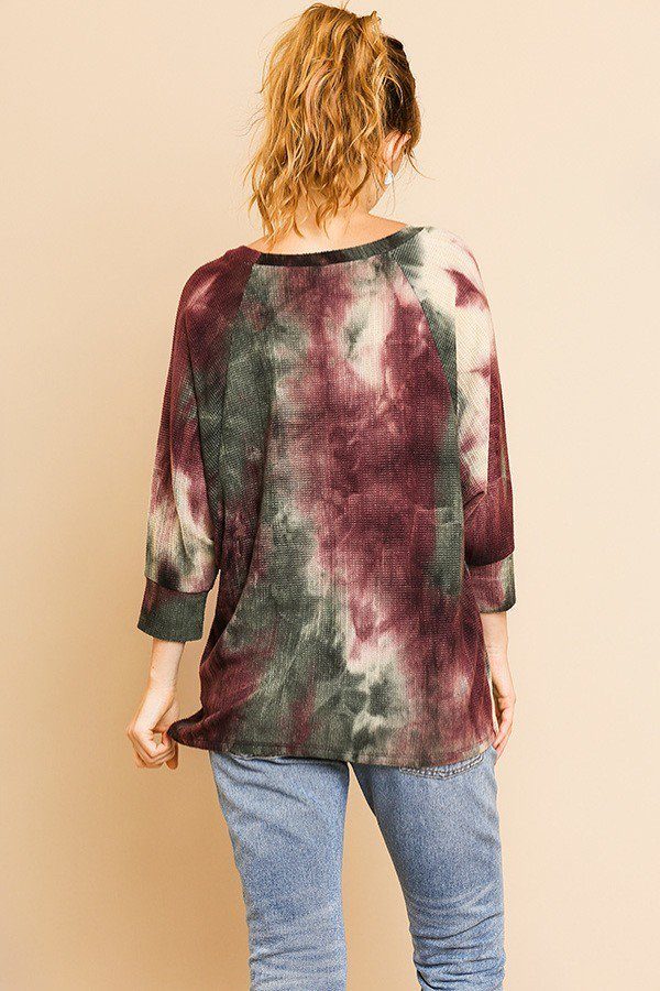 Tye Dye 3/4 Sleeve Waffle Knit Round Neck Top