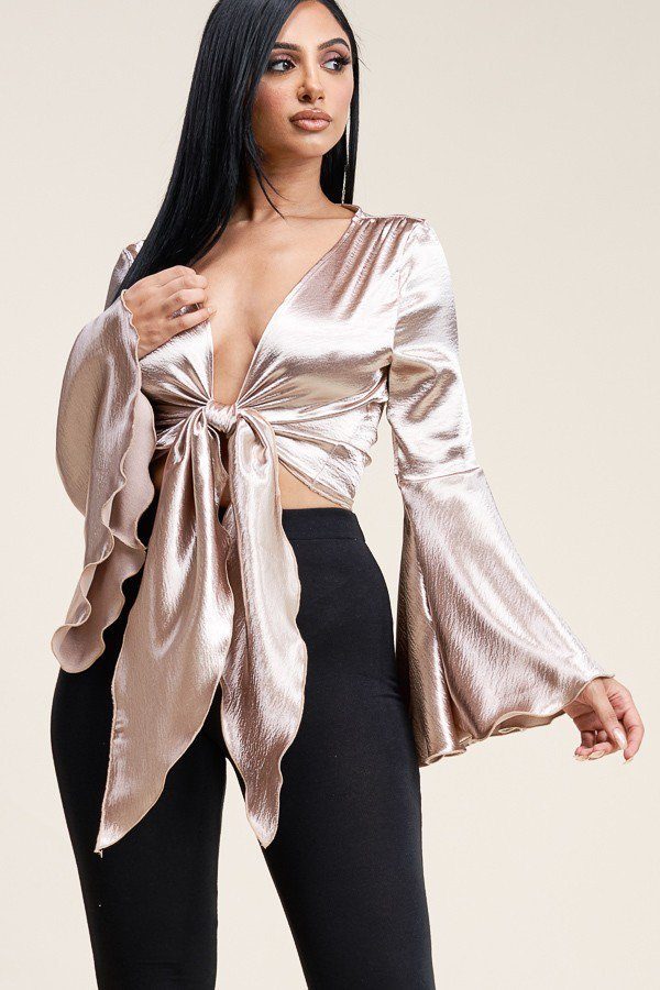 Solid Deluxe Wash Bell Sleeve Cropped Top With Tie Front