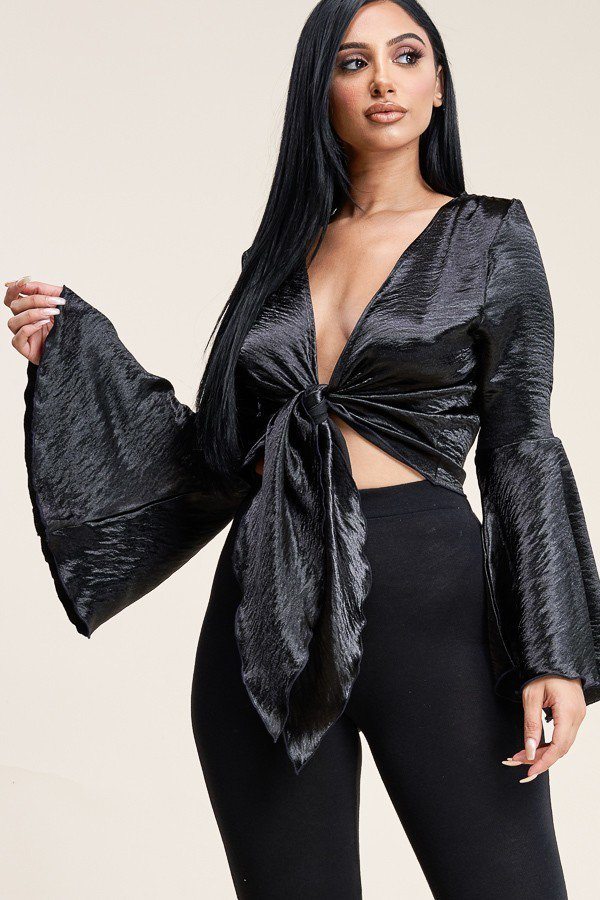Solid Deluxe Wash Bell Sleeve Cropped Top With Tie Front