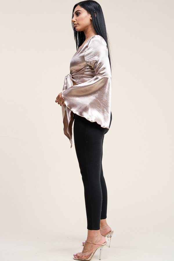 Solid Deluxe Wash Bell Sleeve Cropped Top With Tie Front