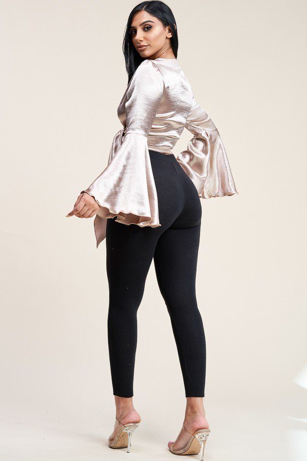 Solid Deluxe Wash Bell Sleeve Cropped Top With Tie Front