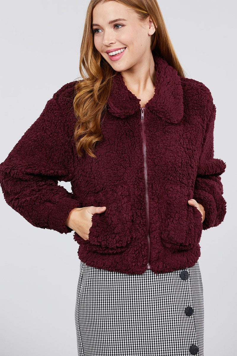 Long Sleeve Pouch Pocket W/collar Faux Fur Jacket