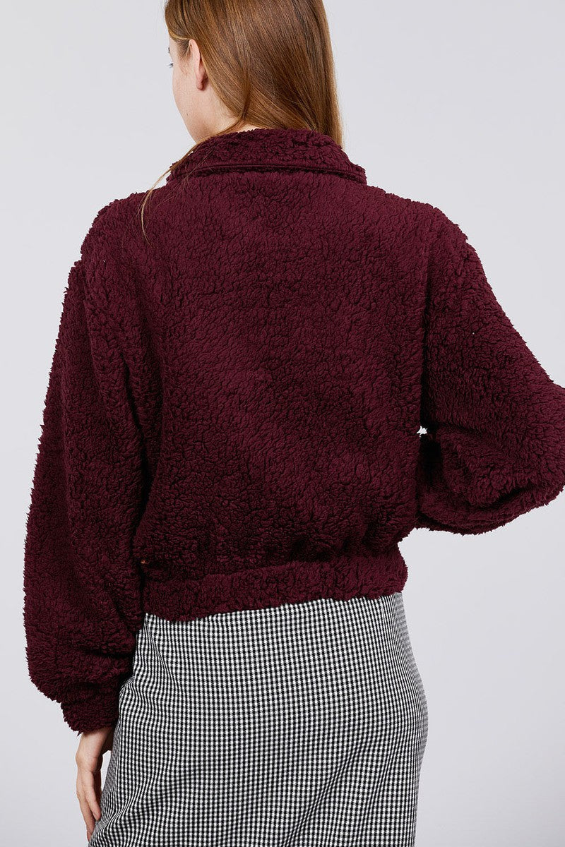 Long Sleeve Pouch Pocket W/collar Faux Fur Jacket