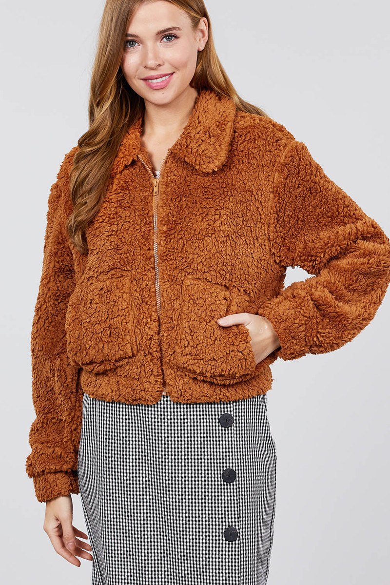 Long Sleeve Pouch Pocket W/collar Faux Fur Jacket