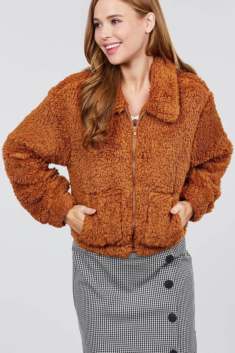 Long Sleeve Pouch Pocket W/collar Faux Fur Jacket