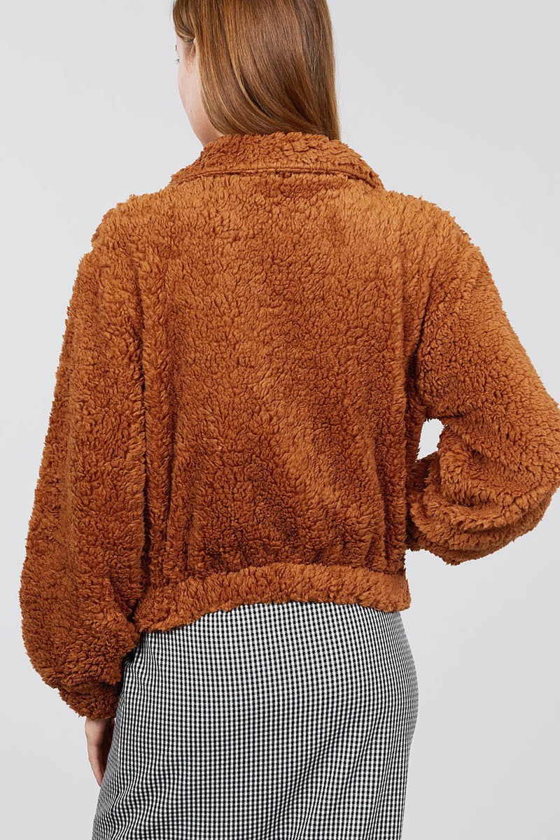 Long Sleeve Pouch Pocket W/collar Faux Fur Jacket