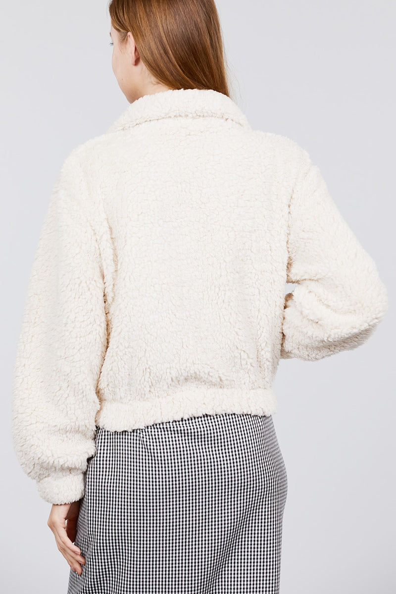 Long Sleeve Pouch Pocket W/collar Faux Fur Jacket