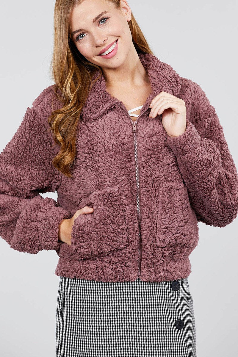 Long Sleeve Pouch Pocket W/collar Faux Fur Jacket