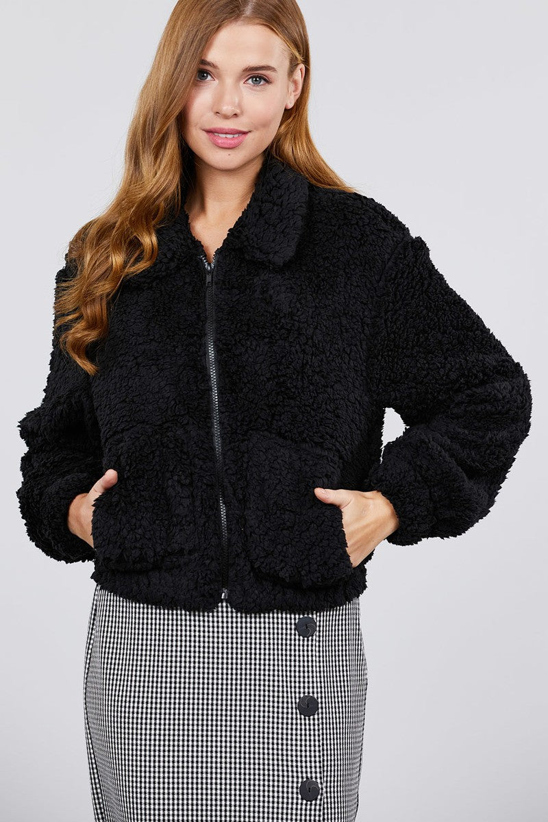 Long Sleeve Pouch Pocket W/collar Faux Fur Jacket
