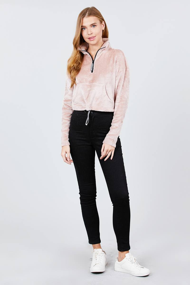 Long Dolman Sleeve Mock Neck W/zipper Detail Kangaroo Pocket Bottom W/stopper