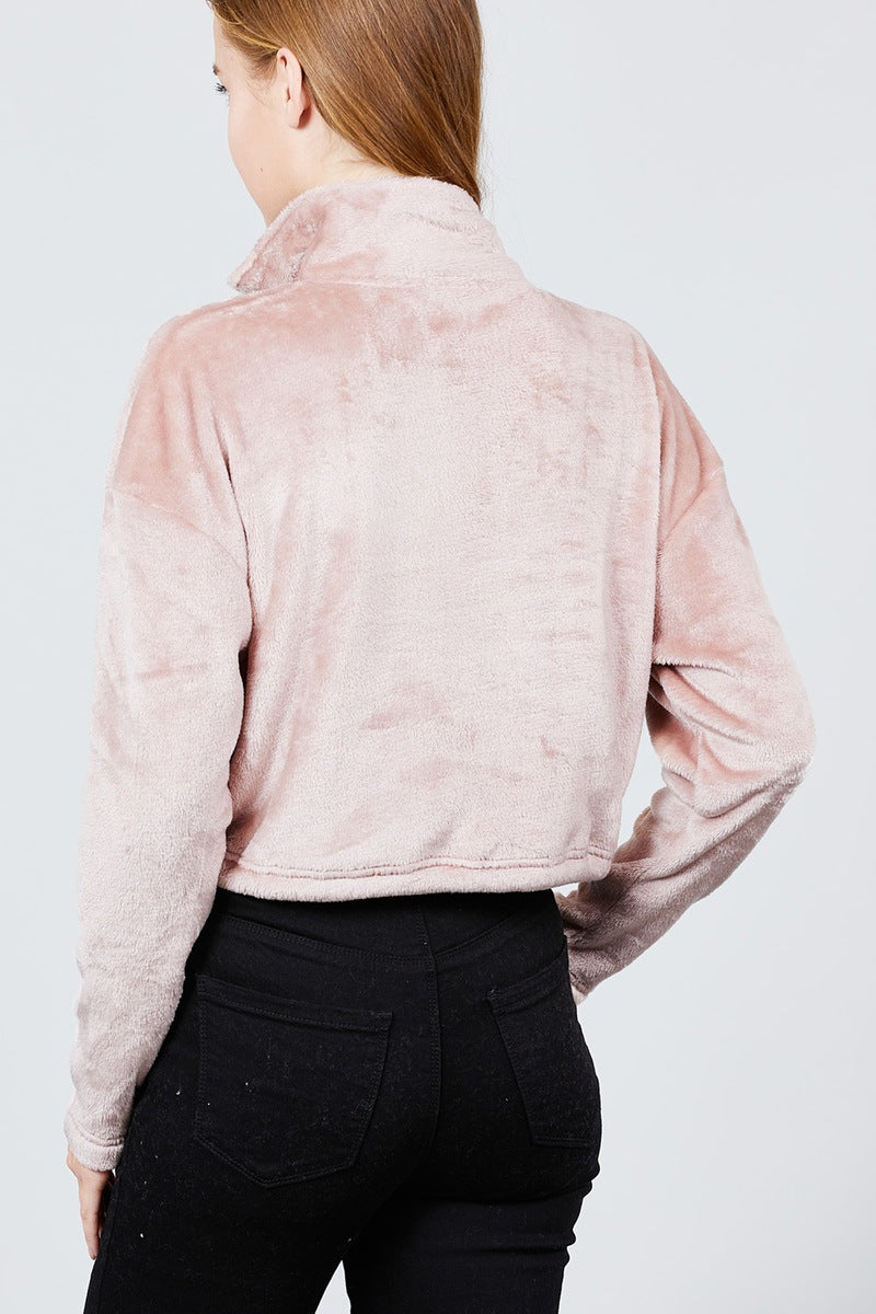 Long Dolman Sleeve Mock Neck W/zipper Detail Kangaroo Pocket Bottom W/stopper