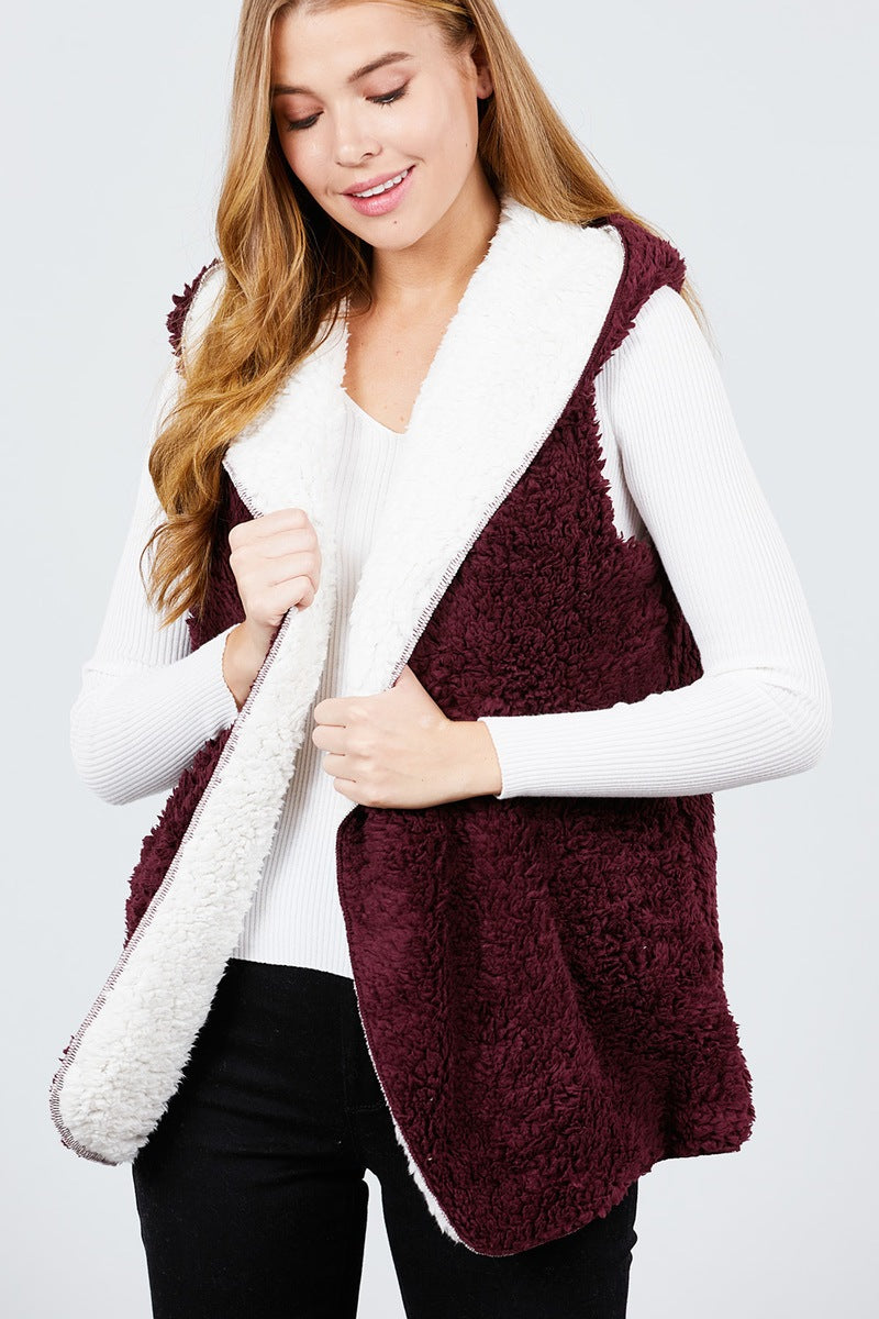 Open Front W/hoodie Faux Fur Reversible Vest