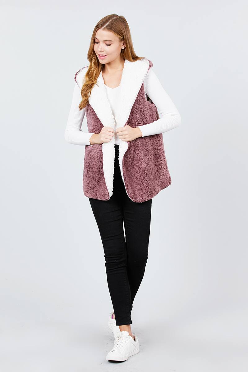 Open Front W/hoodie Faux Fur Reversible Vest
