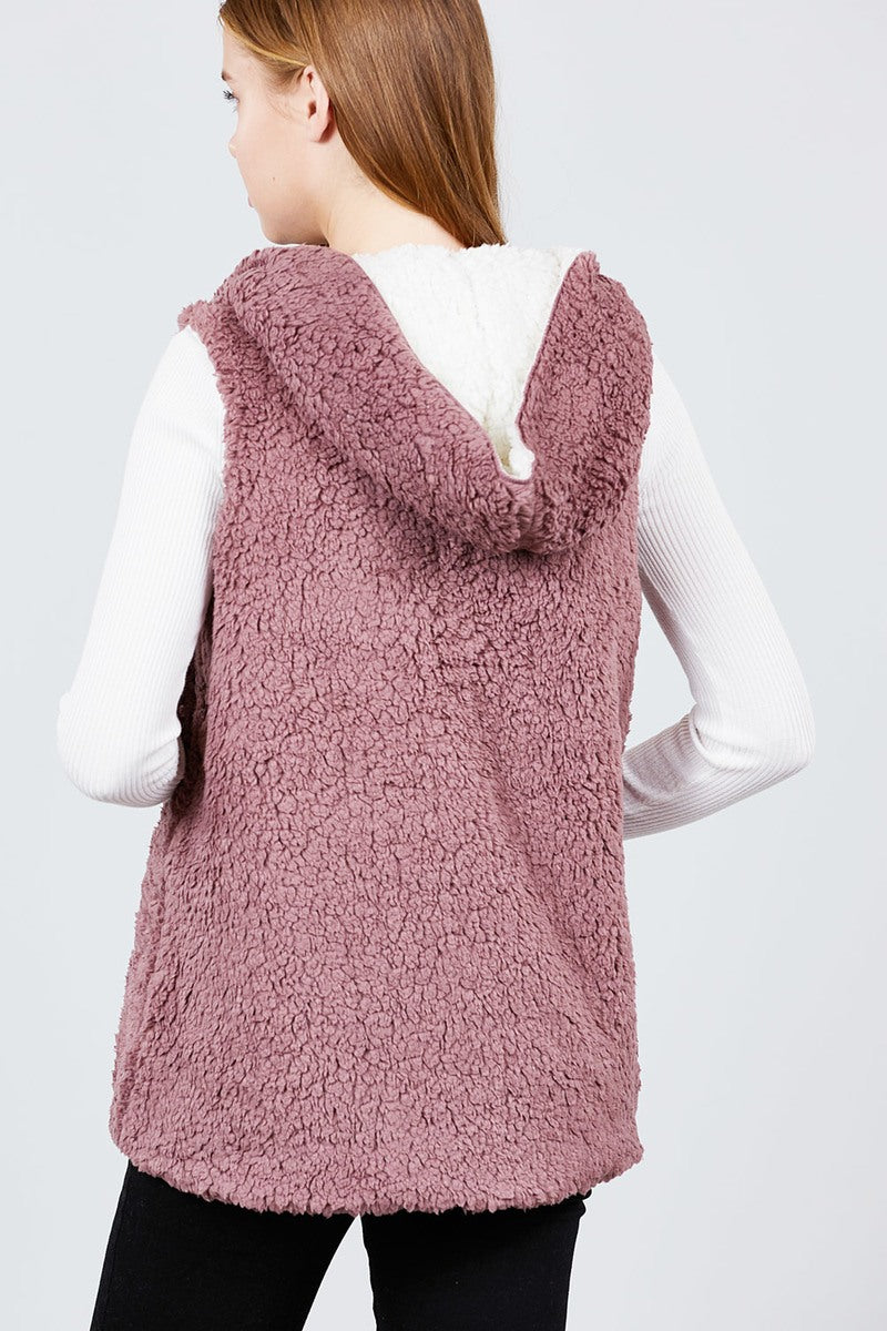 Open Front W/hoodie Faux Fur Reversible Vest
