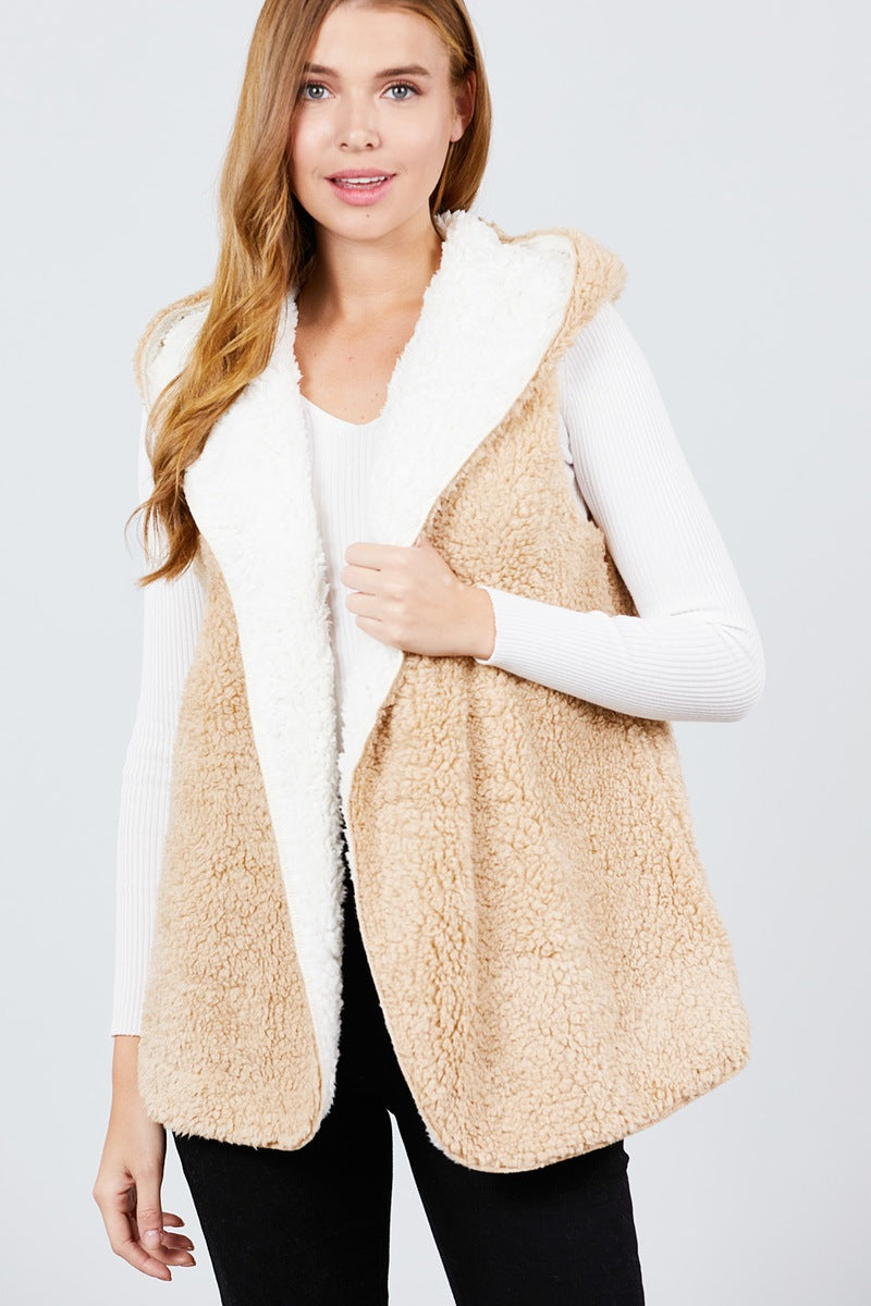 Open Front W/hoodie Faux Fur Reversible Vest