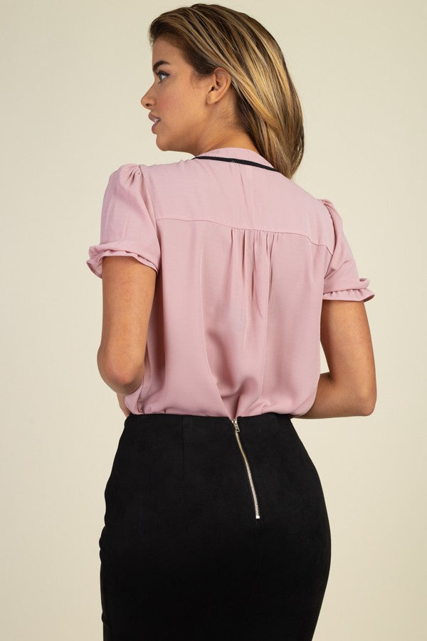 Pussycat Bow Ruffle Trim Top