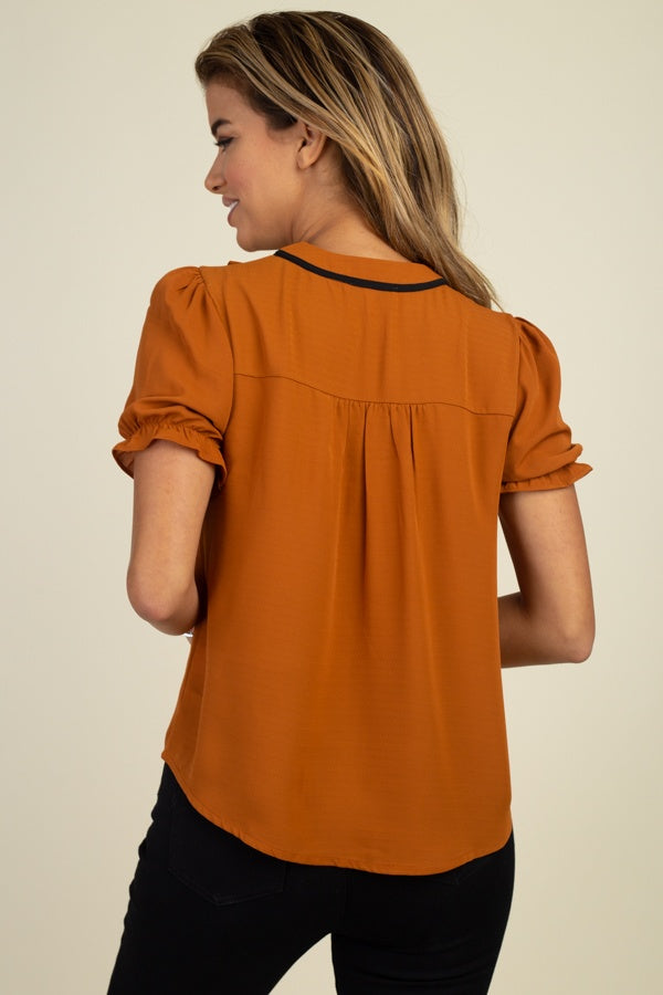 Pussycat Bow Ruffle Trim Top