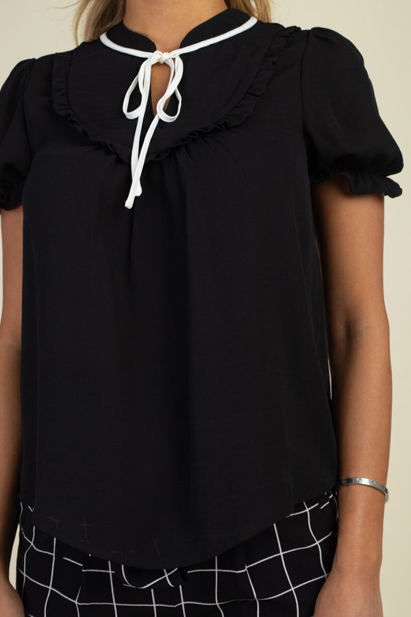 Pussycat Bow Ruffle Trim Top